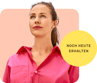 Junge Frau schaut in die Ferne. Auf einem Störer wird die taggleiche Lieferung oder Abholung hervorgehoben – eine Kooperation mit Vor-Ort-Apotheken.