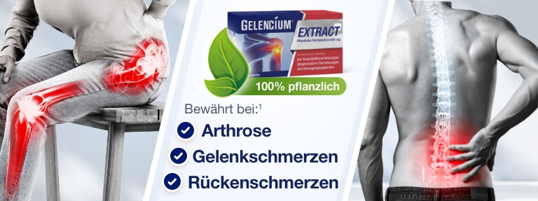 Personen mit Schmerzpunkten. GELENCIUM® EXTRACT-Verpackung. Text: Arthrose, Gelenkschmerzen, Rückenschmerzen.