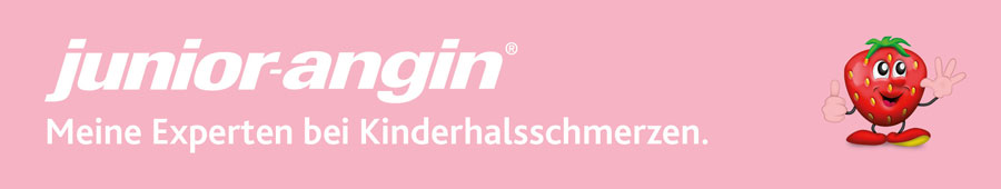 Text: junior-angin®, Meine Experten bei Kinderhalsschmerzen. Illustration einer Erdbeere.
